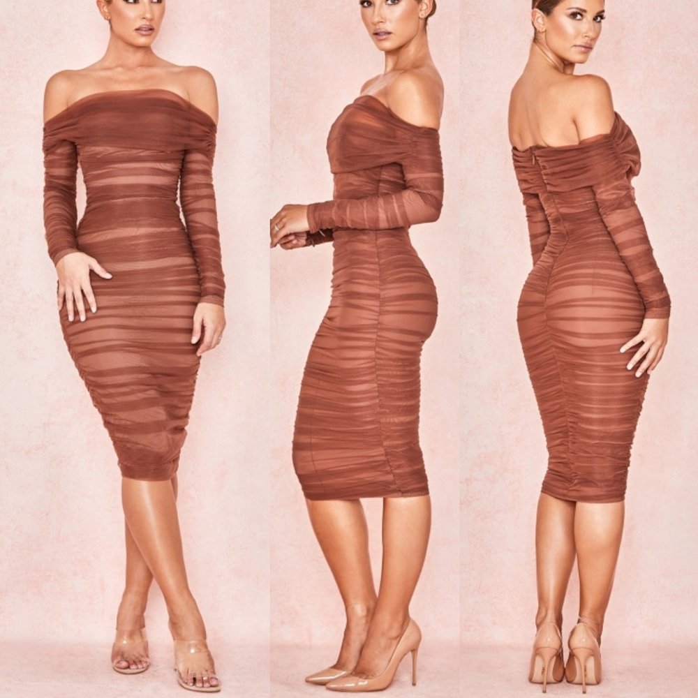 House of CB London Anais Chestnut Tulle Off Shoulder Ruched Dress Size XS - NWT